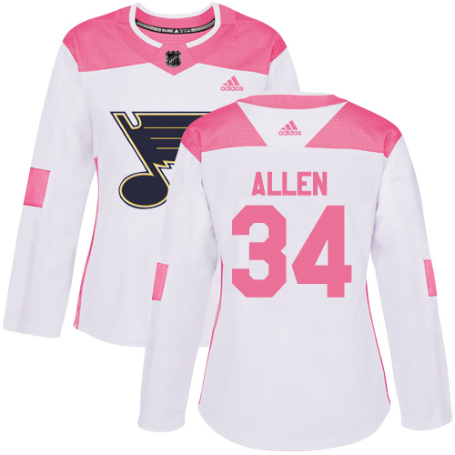 Adidas Blues #34 Jake Allen White/Pink Authentic Fashion Women's Stitched NHL Jersey